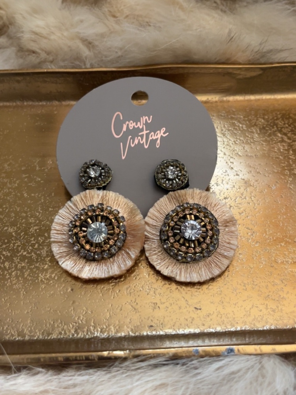 Champagne Raffia & Crystal Disc Drop Earrings